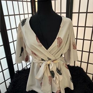 SHEIN Cream Feather-Print Wrap Blouse with Tie Waist